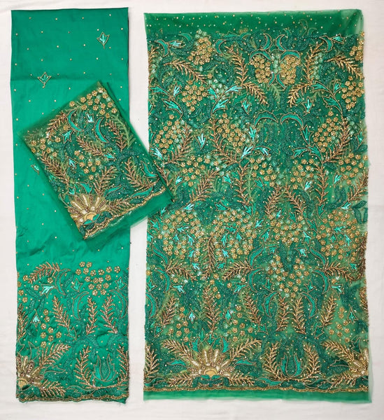 Emerald Green Luxury George Fabric with Intricate Gold Hand Beadwork | Nigerian Wedding & Party Wear Fabric