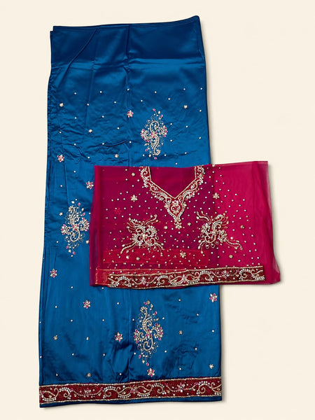 Royal Blue Embroidery George Fabric with Hand Beaded Magenta Blouse for Bridal & Occasion Wear