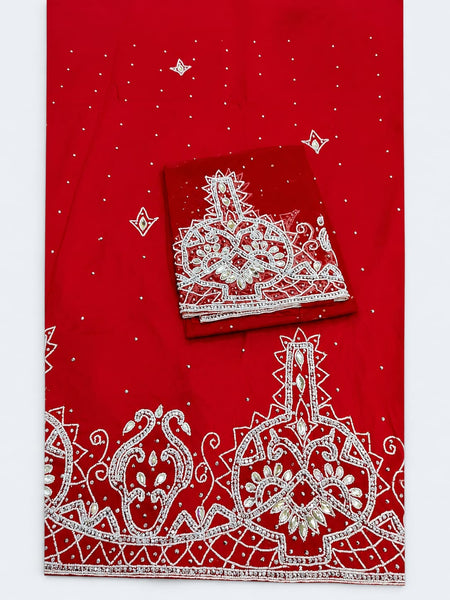 Premium Red Embroidery George Fabric with Luxury White Beaded Border for Traditional Occasion Wear