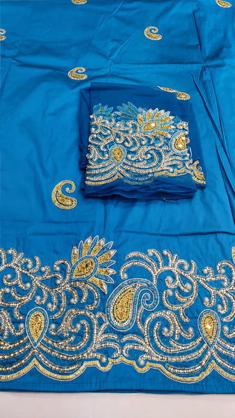 Luxury Royal Blue George Fabric with Heavy Crystal, Pearl and Gold Embroidery for Bridal Celebration Wear