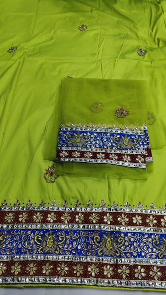 Luxury Lime Green George Wrapper Fabric with Royal Blue Stone Embroidery Border for Party & Wedding