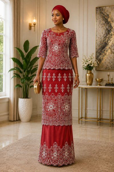 Royal Red Embroidered George Fabric with Luxury White Baroque Floral Lace for Elegant Occasion Wear
