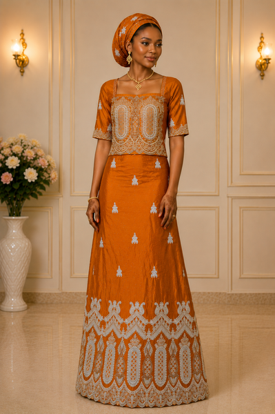 Burnt Orange Heavy Handwork George Wrapper Fabric with Designer White Embroidery Border and Net Blouse