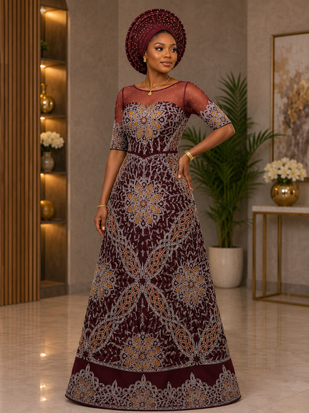 Premium Wine Brown George Fabric with Luxury Silver & Gold Hand Bead Embroidery | Bridal Wedding Material