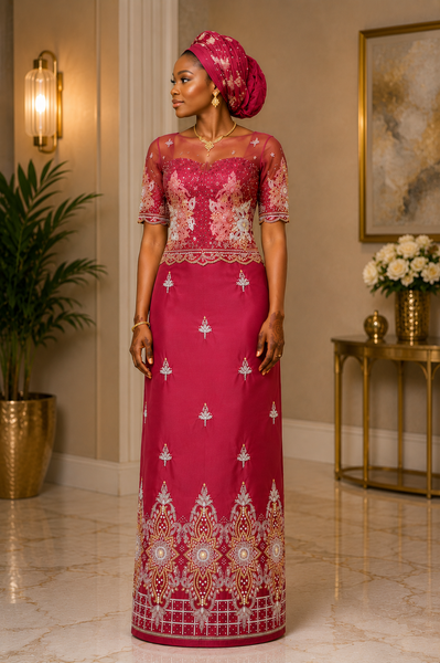 Maroon Premium Embroidery George Fabric with Heavy Gold & Silver Beaded Border and Net Blouse Piece