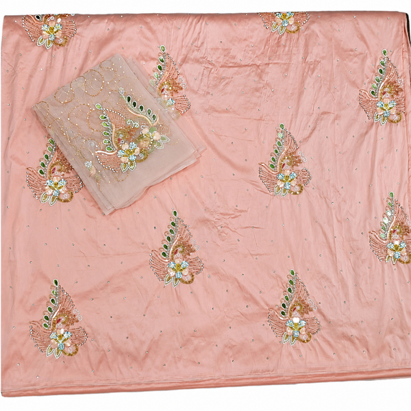 Peach Pink Luxury Somalian George Dress with Embroidered Net Bodice, Stone Handwork & Premium Bridal Design