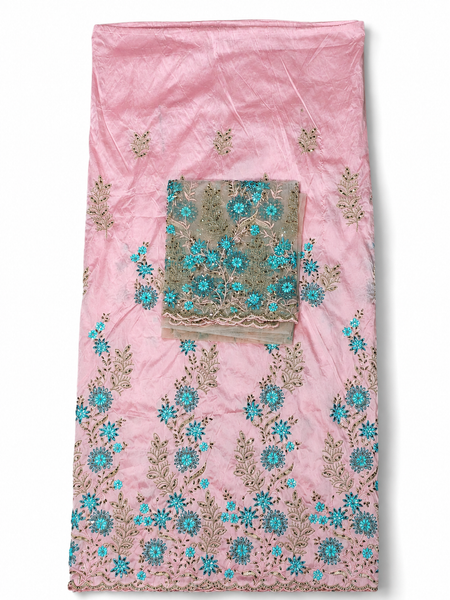 Blush Pink Heritage Embroidered George Wrapper with Aqua Blossom Lace Bodice