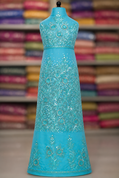 Radiant Aqua Blue George Set with Intricate Metallic Handwork | Best For Evening Wear