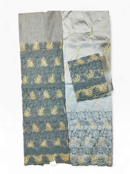 Silver Grey Luxury African Embroidered George Fabric with Gold Vine Pattern for Party Wear