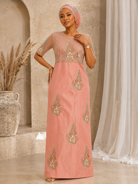 Peach Pink Luxury Somalian George Dress with Embroidered Net Bodice, Stone Handwork & Premium Bridal Design