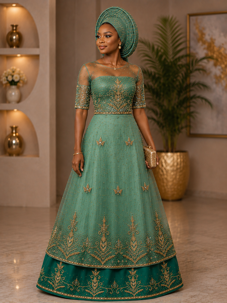 Aqua Green Designer George Fabric with Rich Gold Embroidery & Hand Beadwork | Premium Bridal Collection