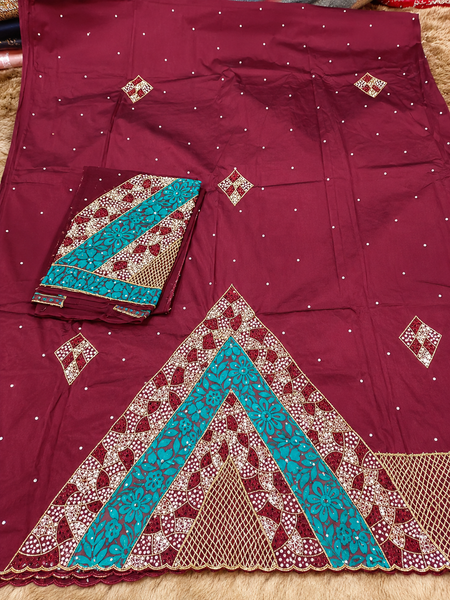 Maroon Luxury African George Fabric with Stone Embroidery & Elegant Geometric Pattern