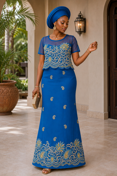 Luxury Royal Blue George Fabric with Heavy Crystal, Pearl and Gold Embroidery for Bridal Celebration Wear