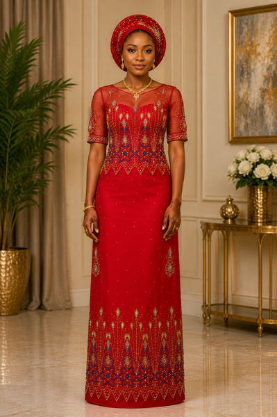 Red Premium Embroidery George Fabric with Heavy Gold & Blue Beaded Net Blouse for Nigerian Wedding Wear