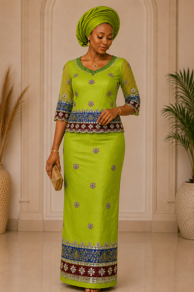Luxury Lime Green George Wrapper Fabric with Royal Blue Stone Embroidery Border for Party & Wedding