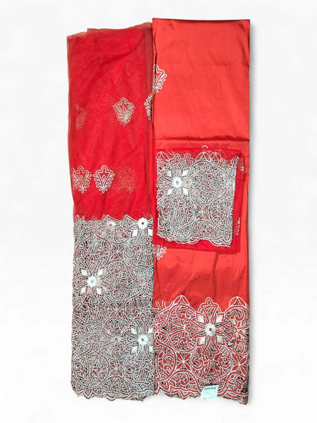 Royal Red Embroidered George Fabric with Luxury White Baroque Floral Lace for Elegant Occasion Wear