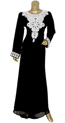 Pure Chiffon Black Kaftan With Silver Embroidery And Moti Work Party Dress For Women