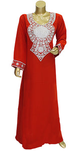 Pure Chiffon Red Stone Beaded Pearl & Hand Embroidered Women Kaftan Maxi Long Dress