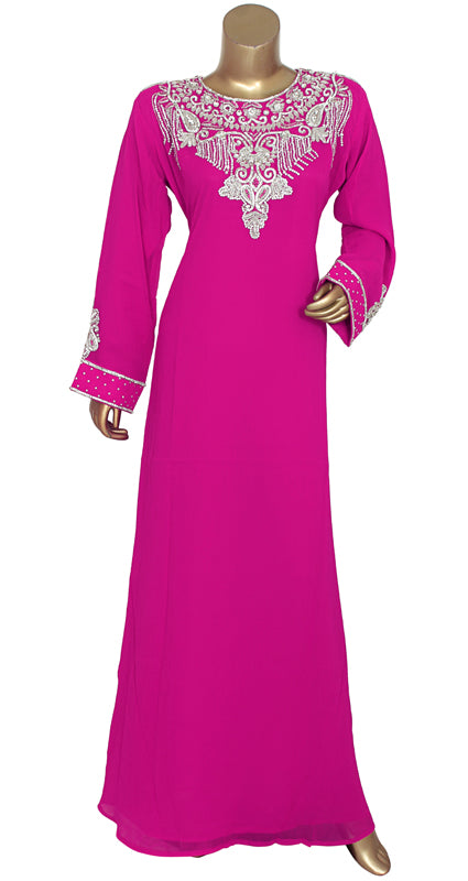 Pure Chiffon Fuschia Pink Kaftan With Contrast Embroidery Gown Party Dress for Women