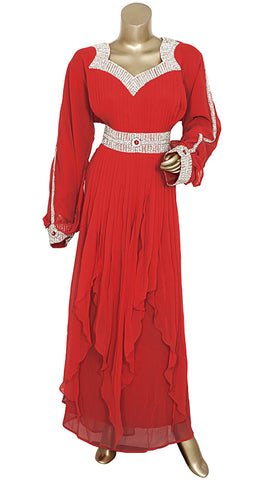 Red V Neck Chiffon Kaftan With Silver Stone on Belt Style Long Dress for Women
