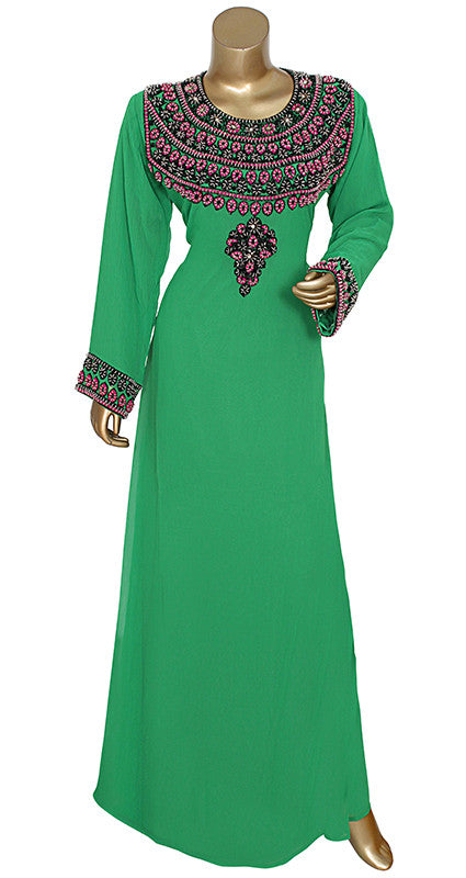 Green Round Neck Embroidered Kaftan 11455/3/10