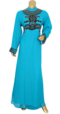Black Bead Work Chiffon Kaftan Gown Dubai Style Party Dress for Women