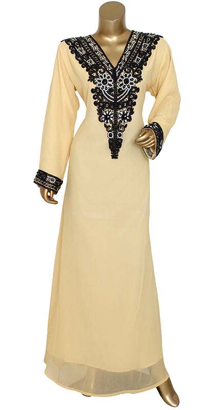 Black Beads With Golden Crystal Work Chiffon Kaftan Long Party Dress For Women