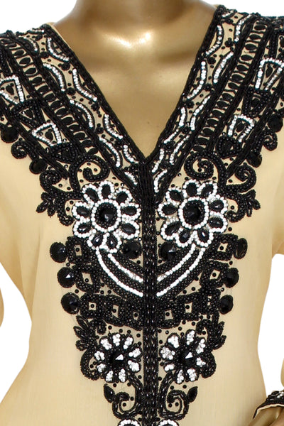 Black Beads With Golden Crystal Work Chiffon Kaftan Long Party Dress For Women