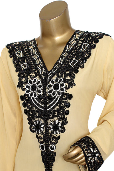 Black Beads With Golden Crystal Work Chiffon Kaftan Long Party Dress For Women
