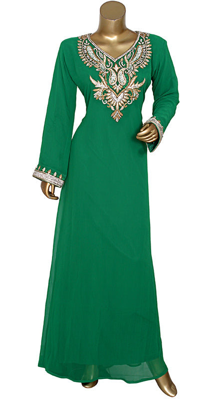 New Green Chiffon Golden And Silver Crystal Bead Kaftan Gown Maxi For Women
