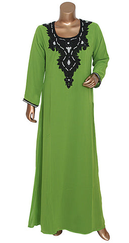 Olive Green Round Neck Long Sleeve Chiffon Kaftan With Stone Work / Gown 11942/1/16 & 10003069
